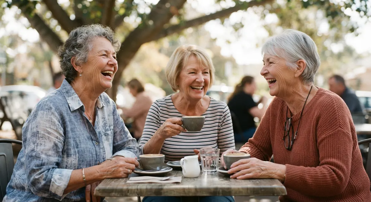 Three friends talking over coffee