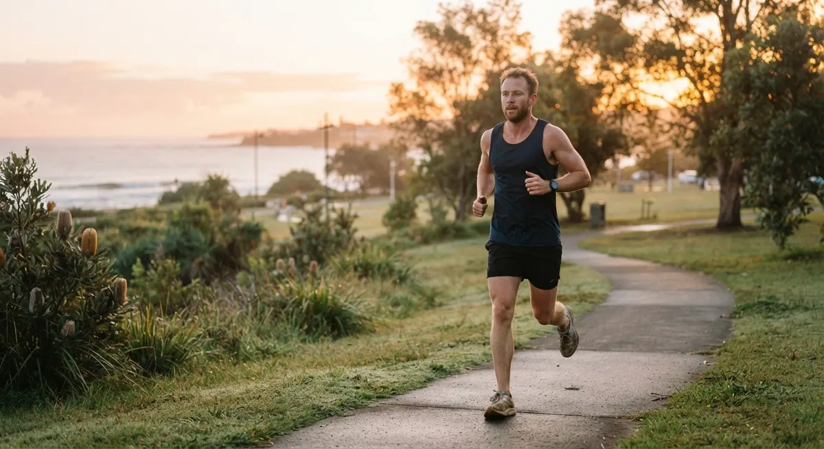 A man jogging along a coastal park path